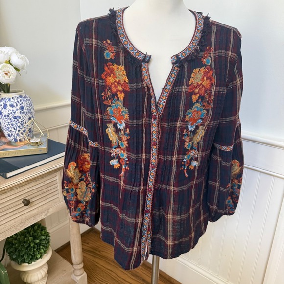 Sundance Tops - Sundance Womens Plaid Embroidered Gauze Blouse Navy Burgundy Metallic Medium